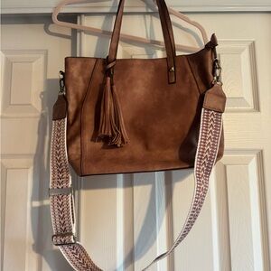 Pinkish Brown Leather Tote Bag with Tassel
